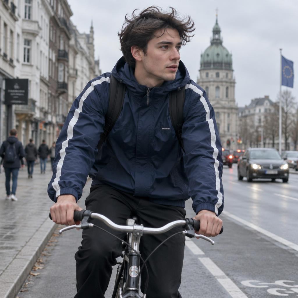 Chico con el cortavientos azul marino montando en bici por la ciudad